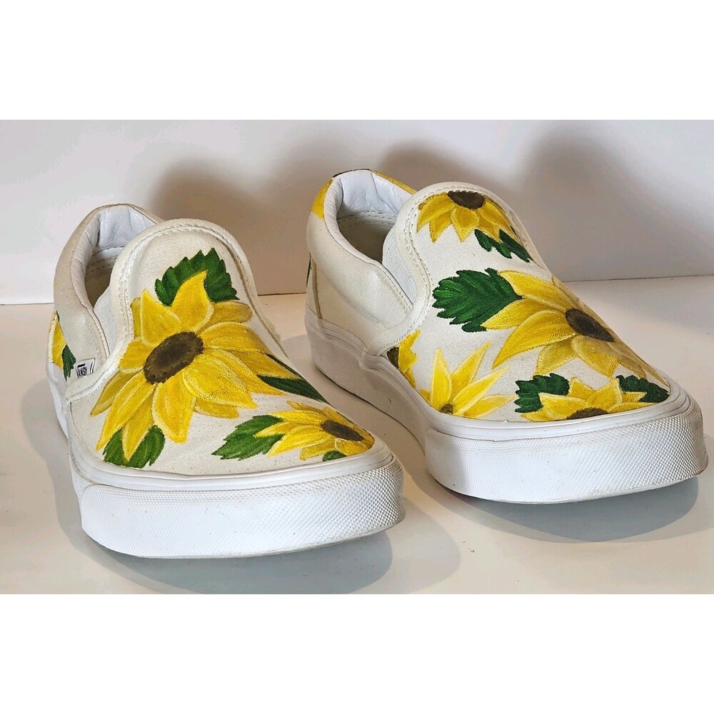 Custom Sunflower Vans Slip On Shoes Hand Painted EUC Floral Women’s 11 Men’s 9.5 - Picture 2 of 12